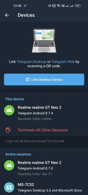 Telegram Aktif Oturumlar ve Cihaz Yönetimi Ayarları