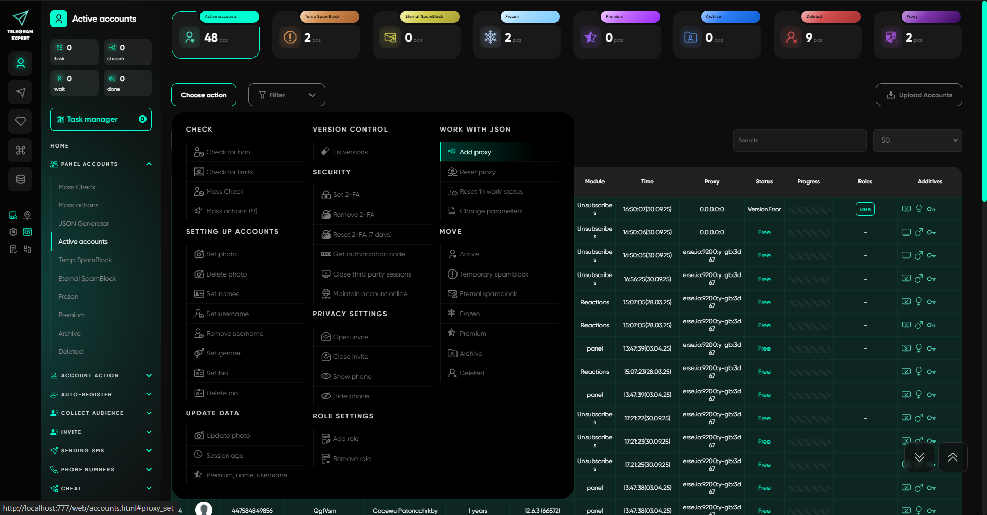Bağlı Proxy'lere Sahip Telegram Expert Aktif Hesaplar Paneli