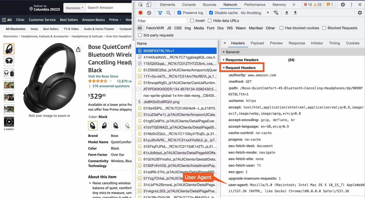Chrome DevTools'ta Amazon İstek Başlıklarını İnceleme