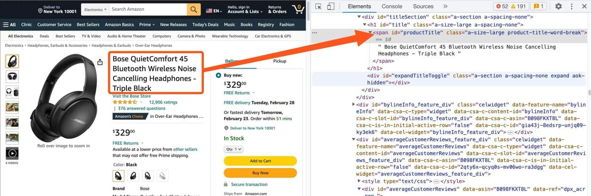Amazon Ürün Başlığı DOM Öğesini İnceleme