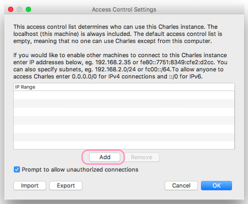 Charles Proxy Access Control Settings with allowed IPs