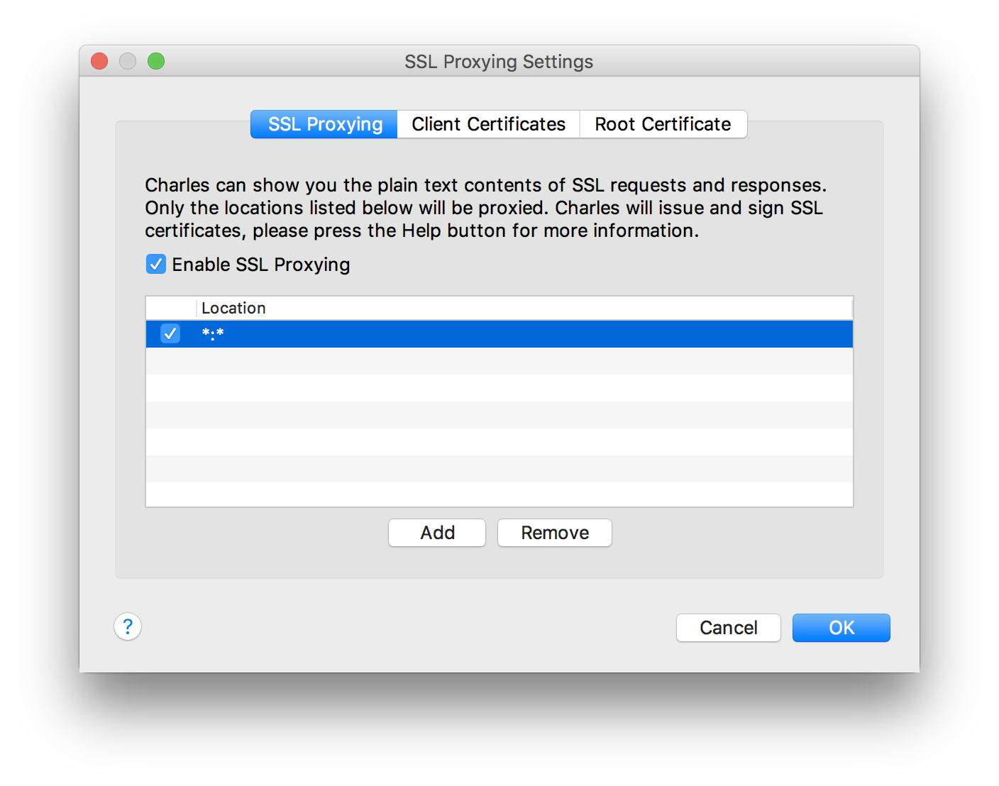 Charles Proxy macOS SSL Proxying Settings dialog