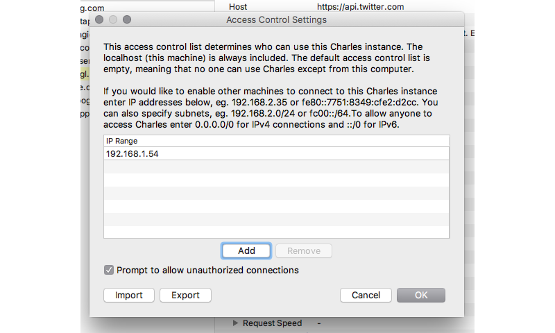 Charles Proxy Access Control Settings showing an allowed device IP