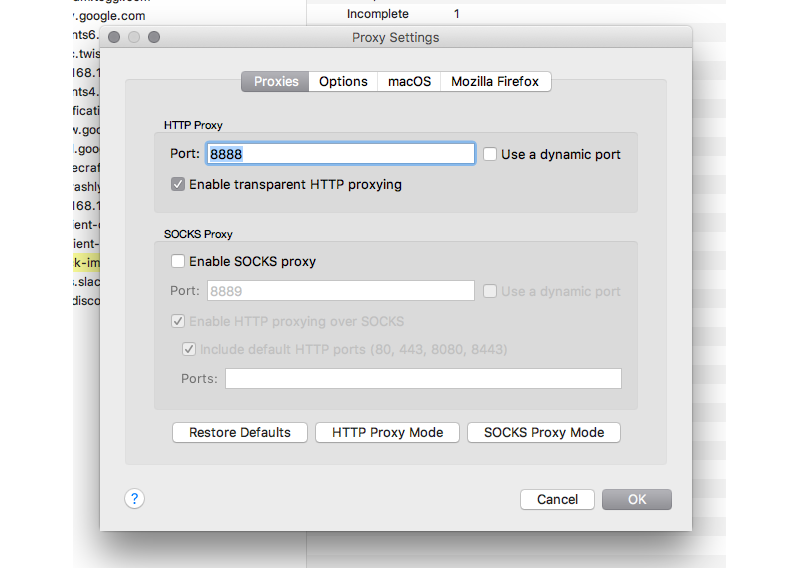 Charles Proxy Settings showing HTTP proxy port 8888