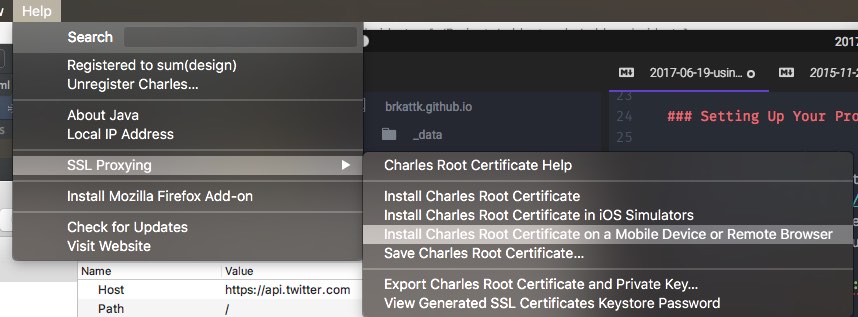 Charles Proxy Help menu for installing the root certificate on a mobile device