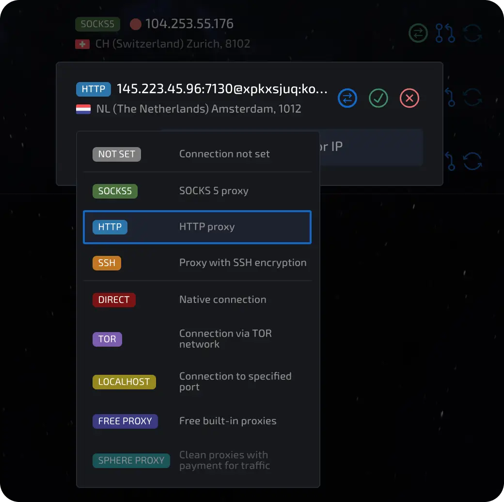 Select Connection modal in Linken Sphere