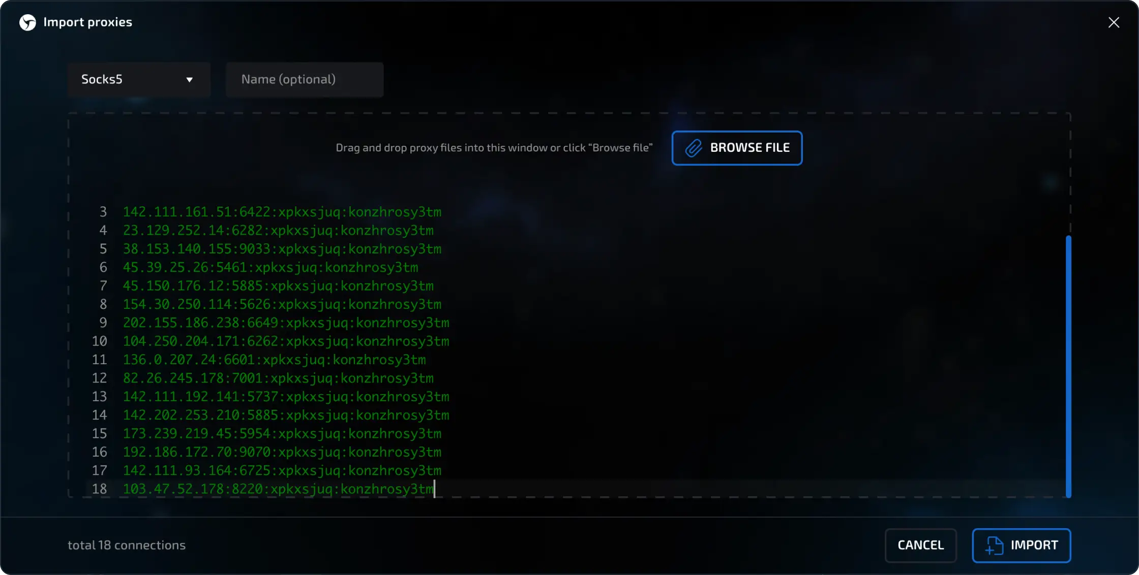 Linken Sphere Bulk Proxy Import interface