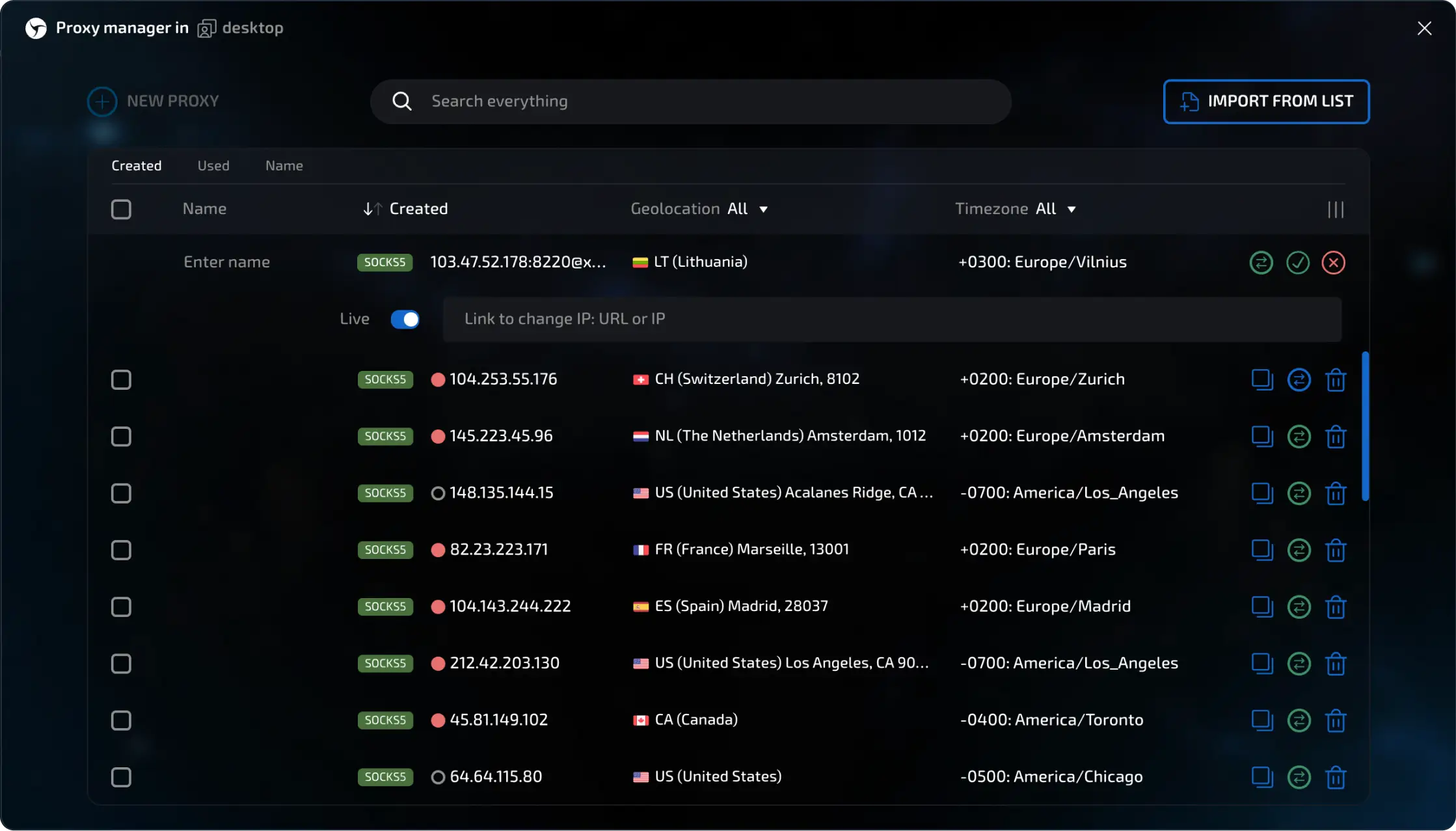 Linken Sphere Proxy Manager showing active proxies, latency checks, and connection parameters